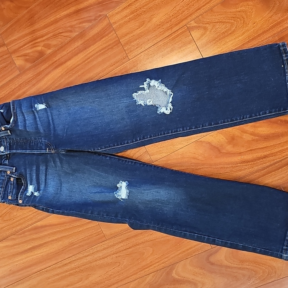 LEVI’S Womens Premium 501 Ribcage Straight Ankle Dark Wash Distressed Sz 25